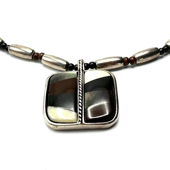 Vintage Jack Woolsey Silver Inlay Pendant Necklace—MOP, Onyx, Jasper, Bone—EUC - Picture 4 of 11